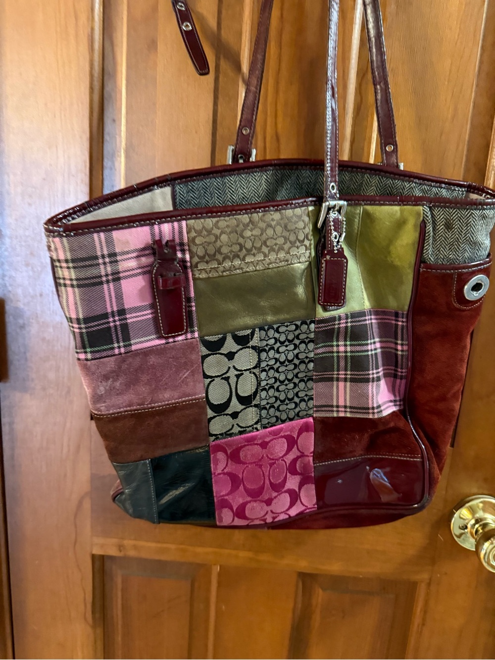 Vintage Coach holiday patchwork suede/canvas/leather signature tote bag